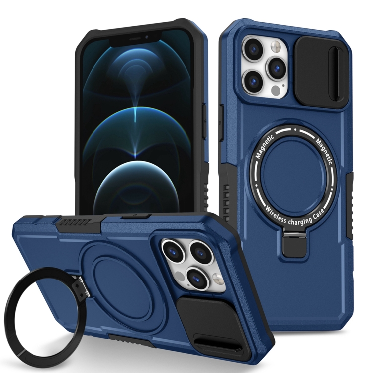 

For iPhone 12 Pro Sliding Camshield MagSafe Holder TPU Hybrid PC Phone Case(Royal Blue)