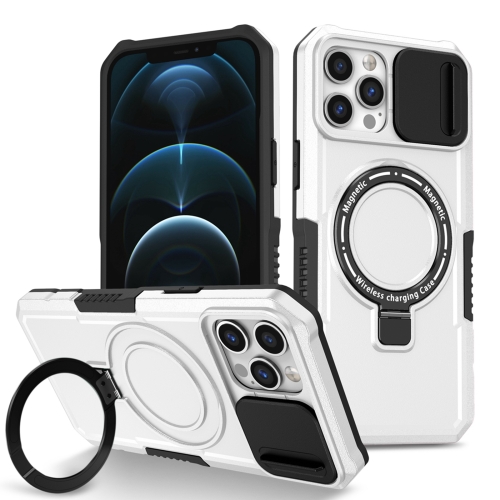 

For iPhone 12 Pro Sliding Camshield Magsafe Holder TPU Hybrid PC Phone Case(Black White)