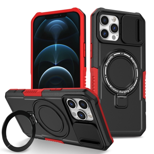 

For iPhone 12 Pro Sliding Camshield Magsafe Holder TPU Hybrid PC Phone Case(Black Red)