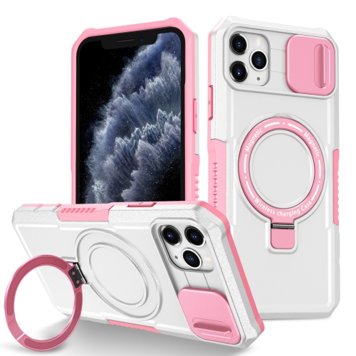 

For iPhone 11 Pro Max Sliding Camshield Magsafe Holder TPU Hybrid PC Phone Case(Pink White)