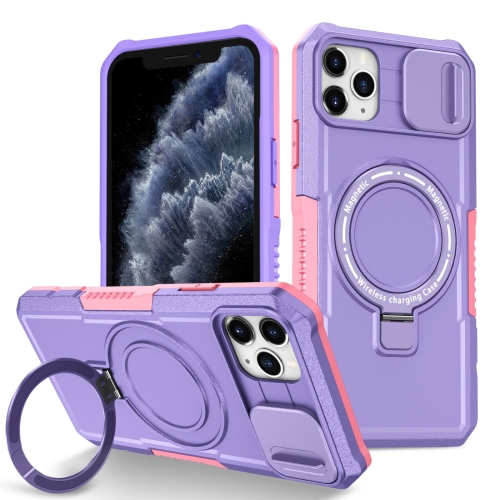 

For iPhone 11 Pro Max Sliding Camshield Magsafe Holder TPU Hybrid PC Phone Case(Pink Purple)