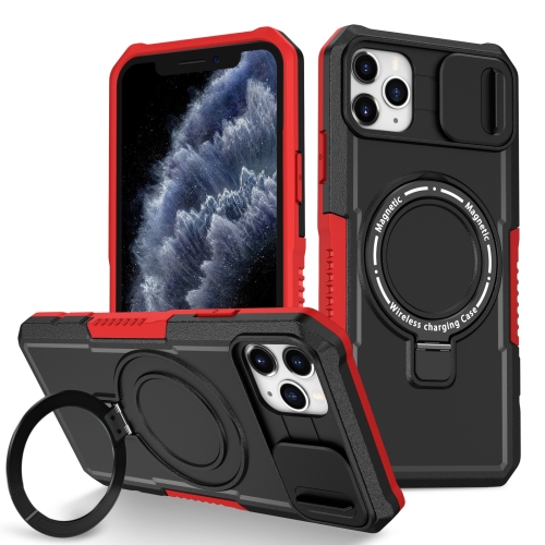 

For iPhone 11 Pro Max Sliding Camshield Magsafe Holder TPU Hybrid PC Phone Case(Black Red)