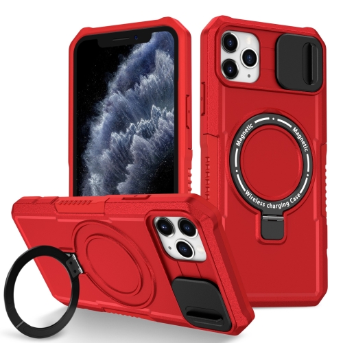

For iPhone 11 Pro Max Sliding Camshield Magsafe Holder TPU Hybrid PC Phone Case(Red)