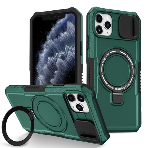 

For iPhone 11 Pro Max Sliding Camshield Magsafe Holder TPU Hybrid PC Phone Case(Deep Green)