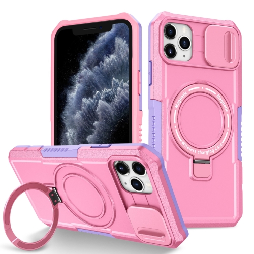 

For iPhone 11 Pro Max Sliding Camshield Magsafe Holder TPU Hybrid PC Phone Case(Purple Pink)