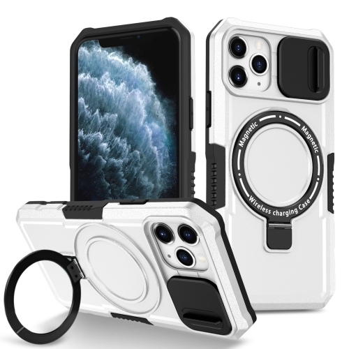 

For iPhone 11 Pro Sliding Camshield Magsafe Holder TPU Hybrid PC Phone Case(Black White)