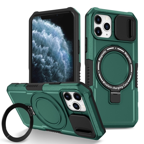 

For iPhone 11 Pro Sliding Camshield Magsafe Holder TPU Hybrid PC Phone Case(Deep Green)