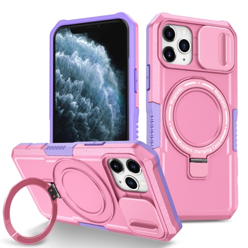 

For iPhone 11 Pro Sliding Camshield Magsafe Holder TPU Hybrid PC Phone Case(Purple Pink)