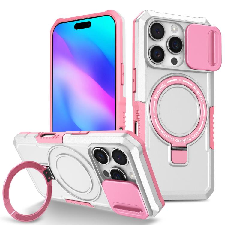 

For iPhone 16 Pro Sliding Camshield MagSafe Holder TPU Hybrid PC Phone Case(Pink White)