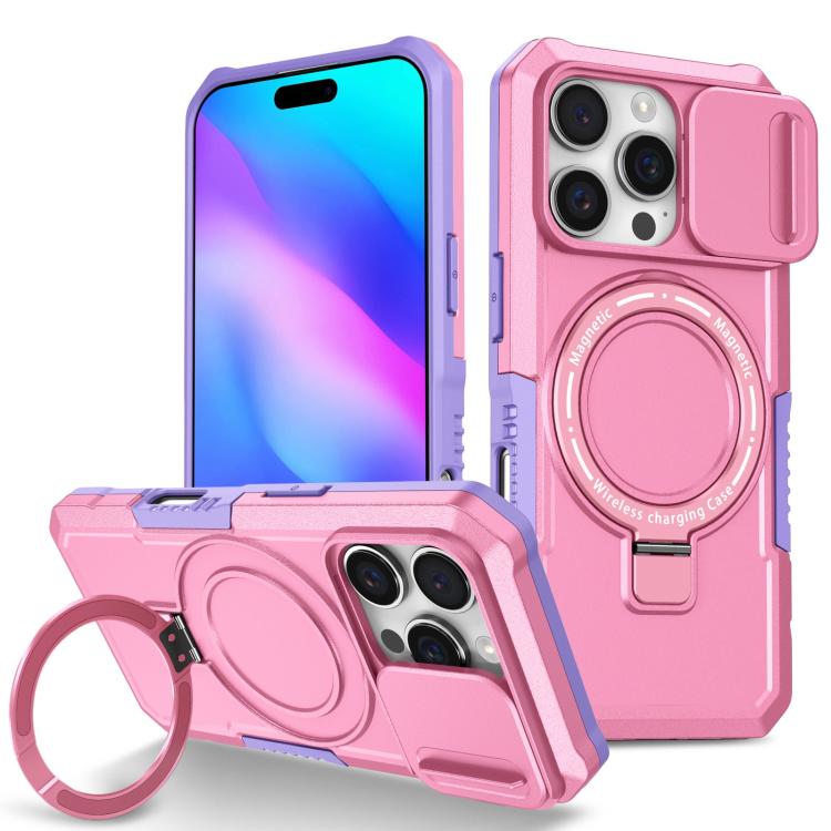 

For iPhone 16 Pro Sliding Camshield MagSafe Holder TPU Hybrid PC Phone Case(Purple Pink)