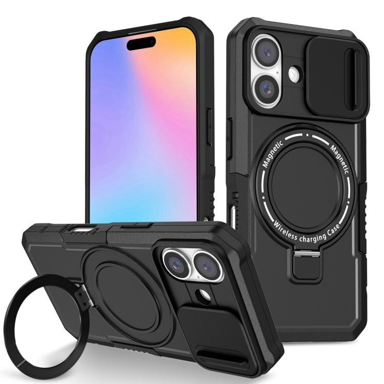 

For iPhone 16 Plus Sliding Camshield MagSafe Holder TPU Hybrid PC Phone Case(Black)