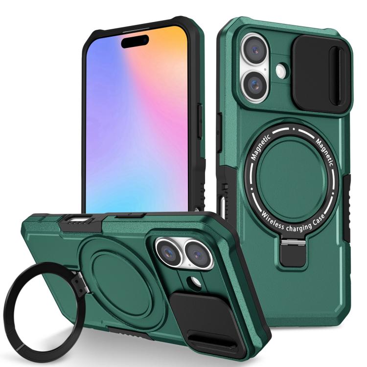 

For iPhone 16 Plus Sliding Camshield MagSafe Holder TPU Hybrid PC Phone Case(Deep Green)
