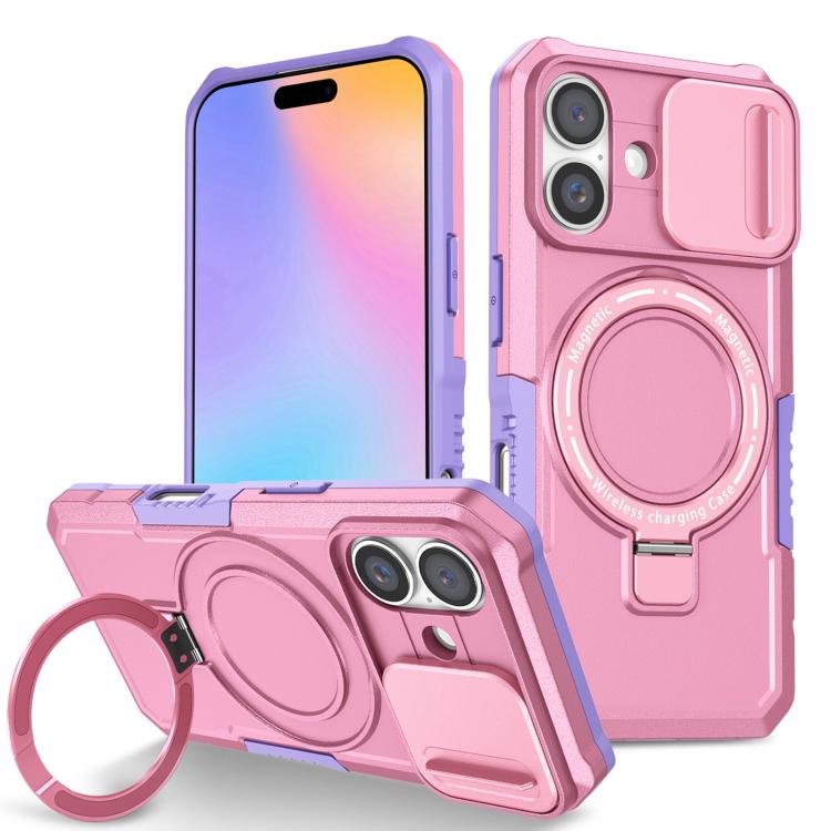 

For iPhone 16 Plus Sliding Camshield MagSafe Holder TPU Hybrid PC Phone Case(Purple Pink)