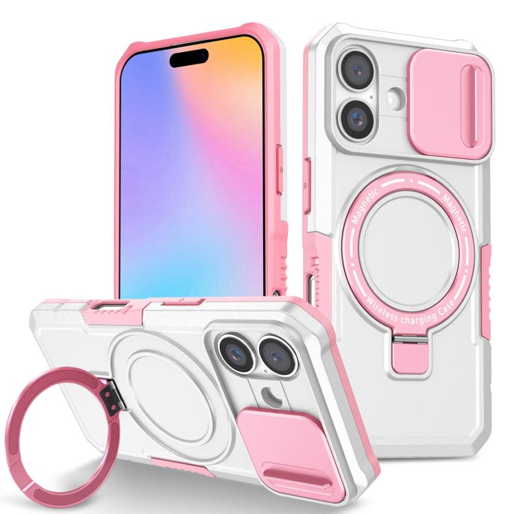 

For iPhone 16 Sliding Camshield MagSafe Holder TPU Hybrid PC Phone Case(Pink White)