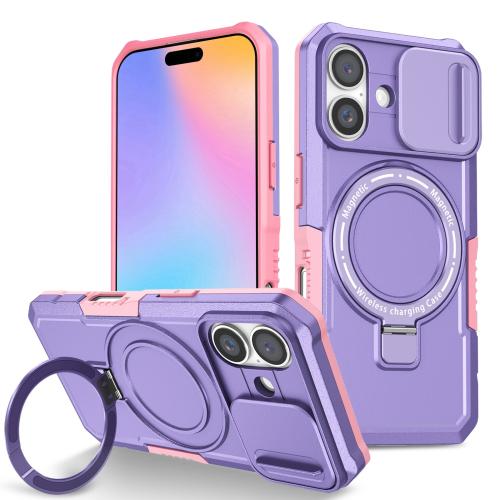 

For iPhone 16 Sliding Camshield MagSafe Holder TPU Hybrid PC Phone Case(Pink Purple)