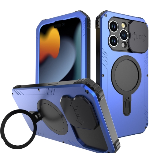 

For iPhone 15 Camera Shield MagSafe Holder Life Waterproof Phone Case(Blue)