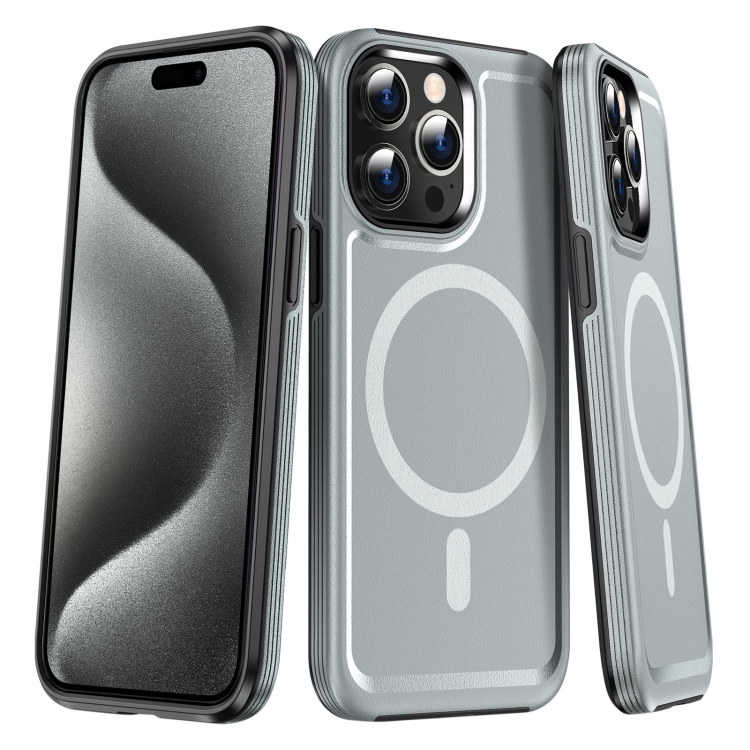 

For iPhone 15 Pro Max Shield Armor MagSafe TPU Hybrid PC Phone Case(Silver)