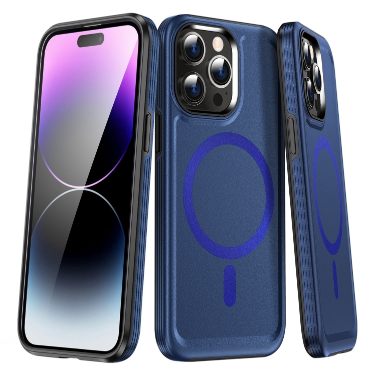 

For iPhone 14 Pro Max Shield Armor MagSafe TPU Hybrid PC Phone Case(Blue)