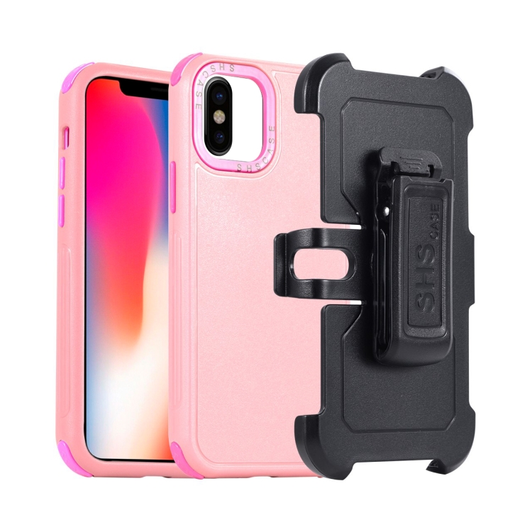 

For iPhone X / XS 3 in 1 PC + TPU Sliding Sleeve Phone Case(Pink+Rose Red)