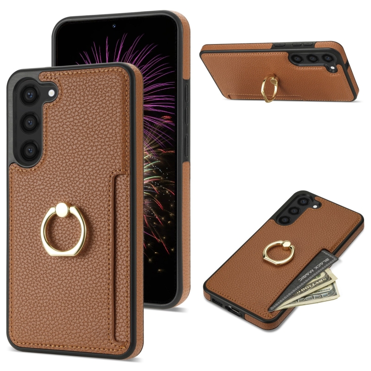 

For Samsung Galaxy S23+ 5G Ring Card Litchi Leather Back Phone Case(Brown)