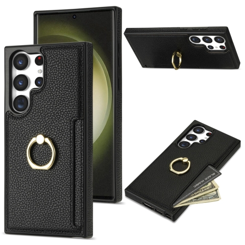 For Samsung Galaxy S23 Ultra 5G Ring Card  Litchi Leather Back Phone Case(Black)