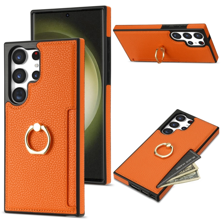 

For Samsung Galaxy S23 Ultra 5G Ring Card Litchi Leather Back Phone Case(Orange)