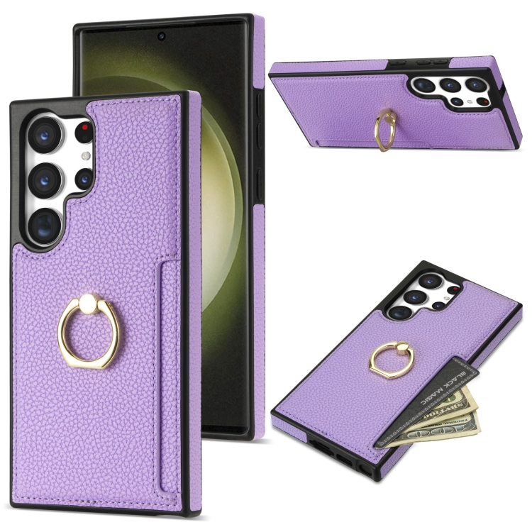 

For Samsung Galaxy S23 Ultra 5G Ring Card Litchi Leather Back Phone Case(Purple)
