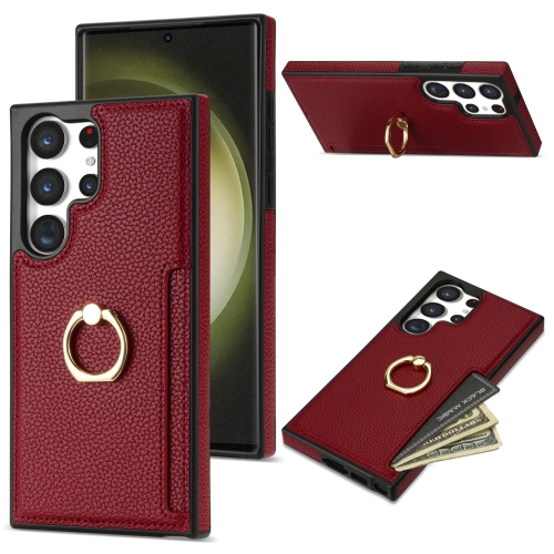 

For Samsung Galaxy S23 Ultra 5G Ring Card Litchi Leather Back Phone Case(Red)
