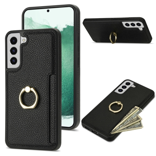 

For Samsung Galaxy S22 5G Ring Card Litchi Leather Back Phone Case(Black)