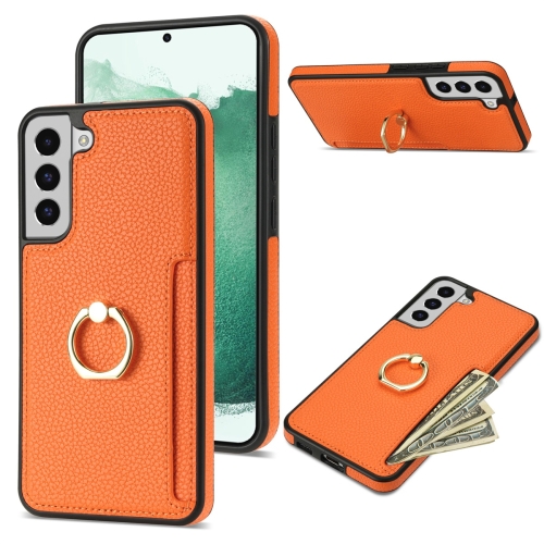 

For Samsung Galaxy S22 5G Ring Card Litchi Leather Back Phone Case(Orange)