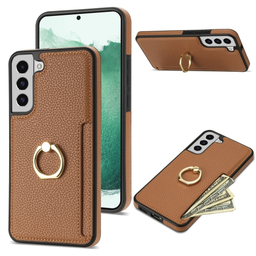 For Samsung Galaxy S22 5G Ring Card  Litchi Leather Back Phone Case(Brown) for samsung galaxy galaxy s23 5g brushed texture wallet ring holder phone case brown