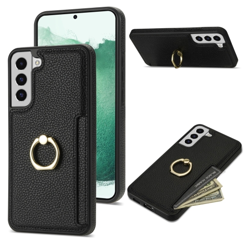 For Samsung Galaxy S22+ 5G Ring Card  Litchi Leather Back Phone Case(Black)