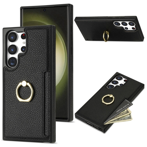 

For Samsung Galaxy S22 Ultra 5G Ring Card Litchi Leather Back Phone Case(Black)