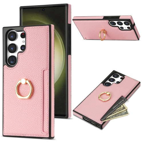 

For Samsung Galaxy S22 Ultra 5G Ring Card Litchi Leather Back Phone Case(Pink)