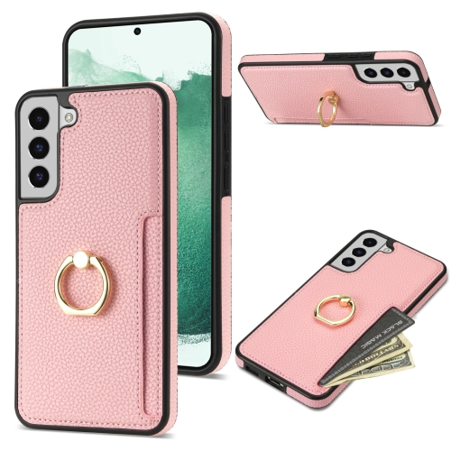 For Samsung Galaxy S21 5G Ring Card  Litchi Leather Back Phone Case(Pink) for xiaomi 14 pro gradient glitter immortal flower ring all inclusive phone case pink
