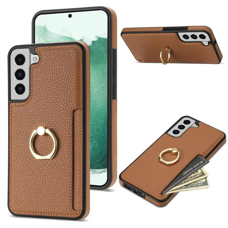 

For Samsung Galaxy S21 5G Ring Card Litchi Leather Back Phone Case(Brown)