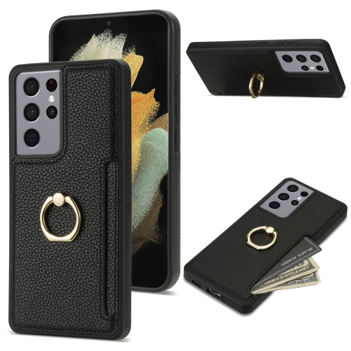 For Samsung Galaxy S21 Ultra 5G Ring Card  Litchi Leather Back Phone Case(Black) for xiaomi redmi 12 4g magnetic ring holder pc tpu phone case black