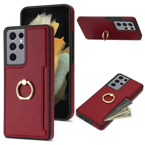 

For Samsung Galaxy S21 Ultra 5G Ring Card Litchi Leather Back Phone Case(Red)