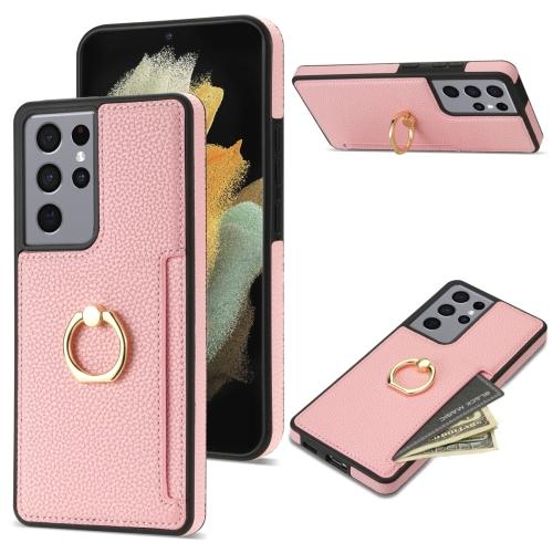 

For Samsung Galaxy S21 Ultra 5G Ring Card Litchi Leather Back Phone Case(Pink)