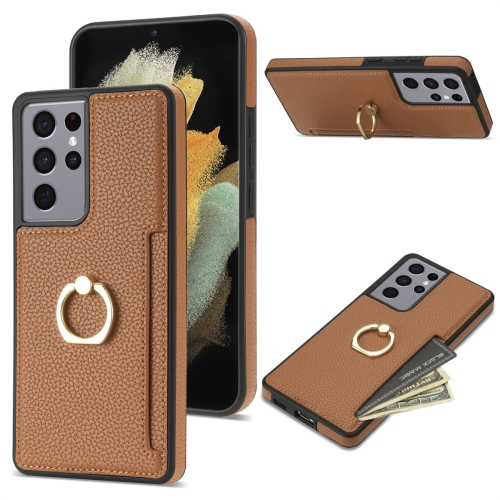 

For Samsung Galaxy S21 Ultra 5G Ring Card Litchi Leather Back Phone Case(Brown)