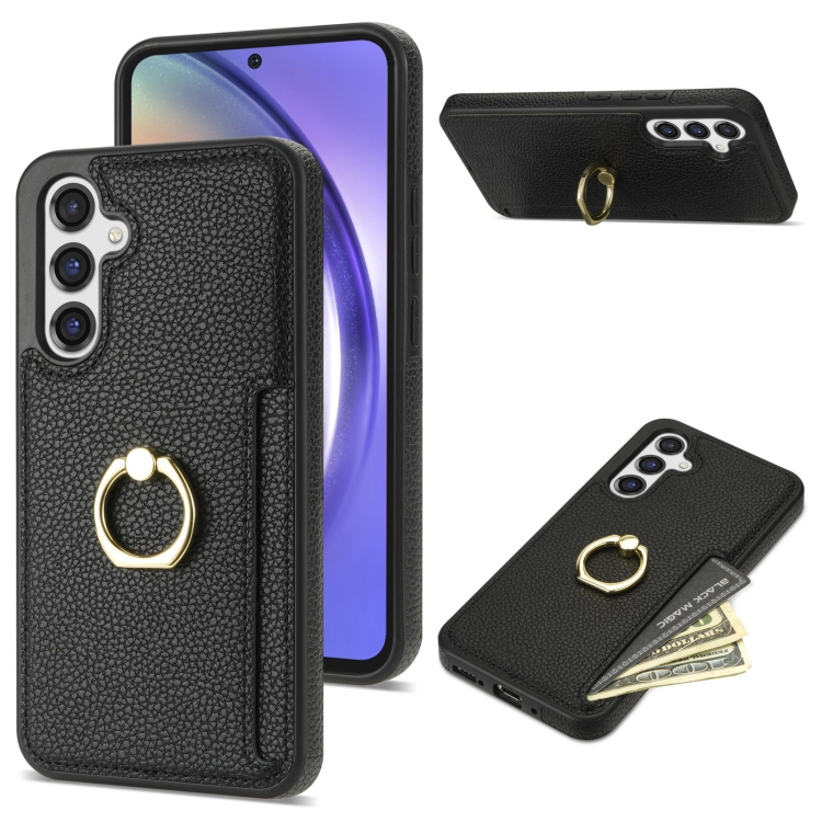 

For Samsung Galaxy A14 4G/5G Ring Card Litchi Leather Back Phone Case(Black)
