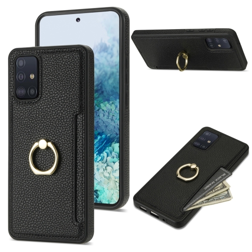 

For Samsung Galaxy A51 4G Ring Card Litchi Leather Back Phone Case(Black)