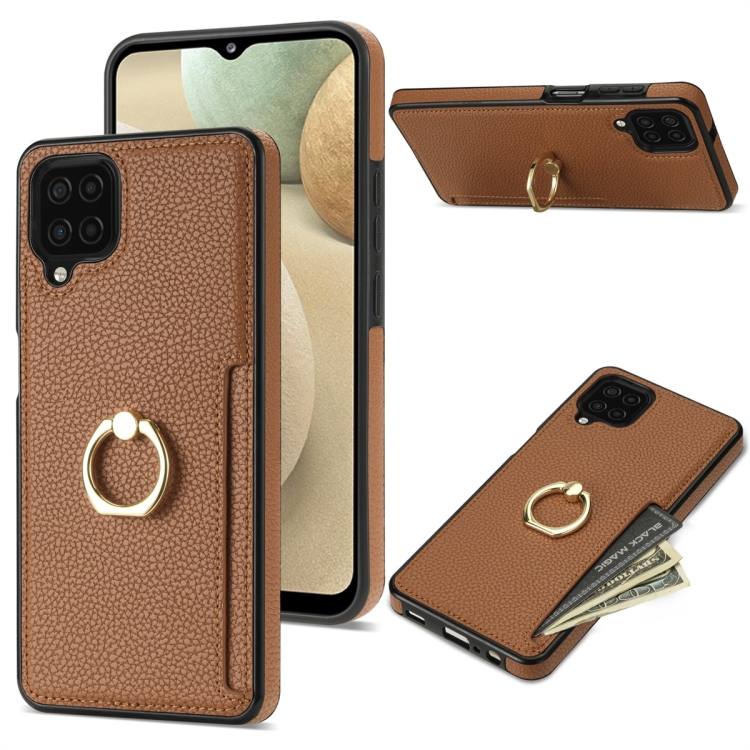 

For Samsung Galaxy A12 5G Ring Card Litchi Leather Back Phone Case(Brown)