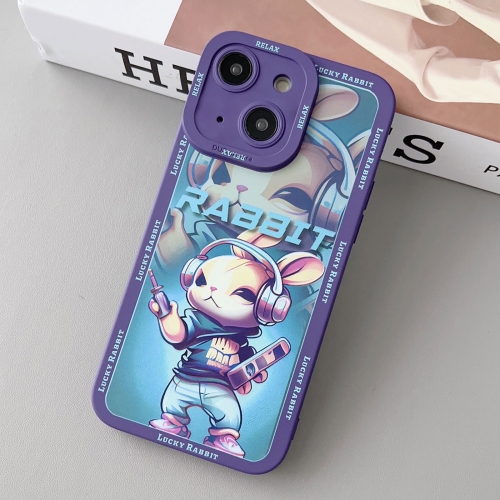 

For iPhone 15 Plus Liquid Angel Eyes Hip Hop Rabbit TPU Phone Case(Purple Earphones)