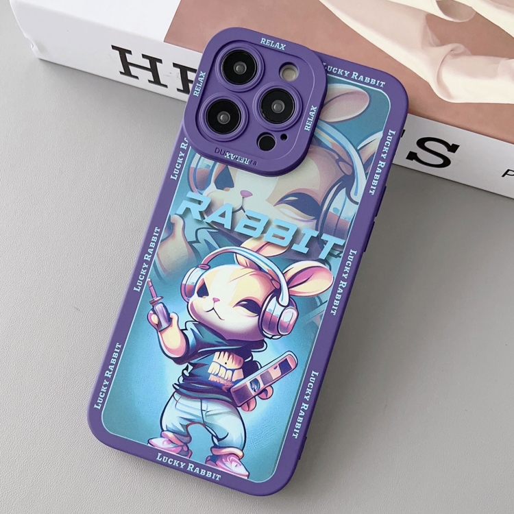 

For iPhone 14 Pro Max Liquid Angel Eyes Hip Hop Rabbit TPU Phone Case(Purple Earphones)