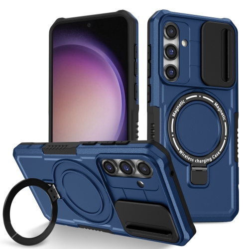 For Samsung Galaxy S23 FE 5G Sliding Camshield Magsafe Holder TPU Hybrid PC Phone Case(Royal Blue) uurig ph 14 wireless handle grip phone holder stabilizer for smartphone vlog selfie