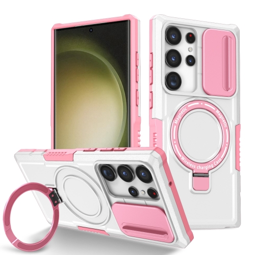 

For Samsung Galaxy S23 Ultra 5G Sliding Camshield Magsafe Holder TPU Hybrid PC Phone Case(Pink White)