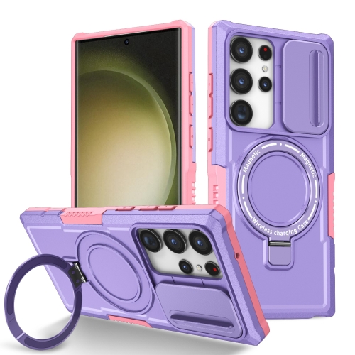 

For Samsung Galaxy S23 Ultra 5G Sliding Camshield Magsafe Holder TPU Hybrid PC Phone Case(Pink Purple)