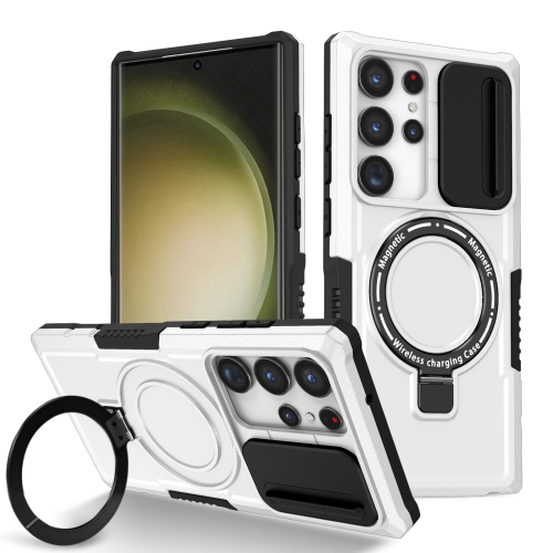 

For Samsung Galaxy S23 Ultra 5G Sliding Camshield Magsafe Holder TPU Hybrid PC Phone Case(Black White)