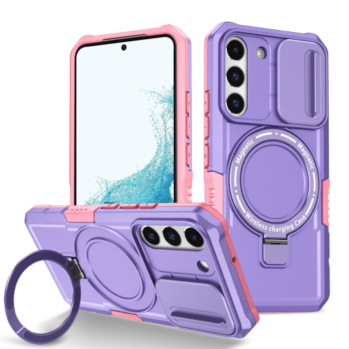 

For Samsung Galaxy S22 5G Sliding Camshield Magsafe Holder TPU Hybrid PC Phone Case(Pink Purple)